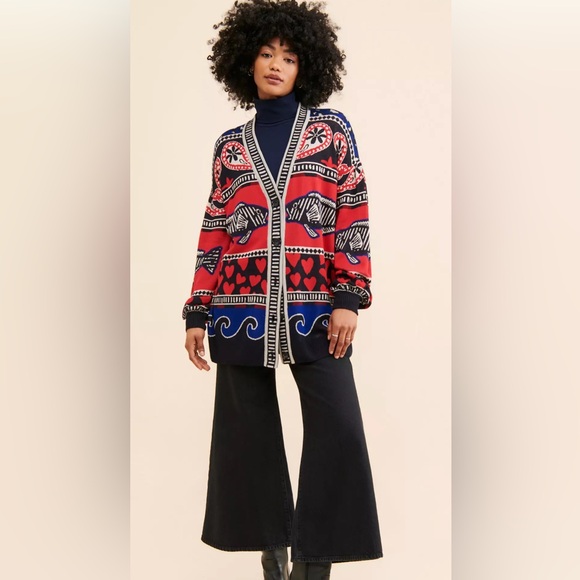 FARM Rio Navy Mixed Prints Knit Cardigan Oversized S - Picture 8 of 8